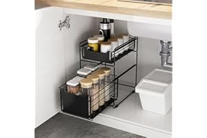 JACKY&CHOCO Organizador Bajo Fregadero para Cocina o Baño, Mueble de Metal Negro de Doble Altura con Bandejas Extraíbles, Estantería debajo Fregadero, Estante para Almacenaje de Productos Limpieza o Despensa