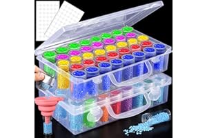 BEYAOBN 5D Diamond Painting Aufbewahrungsbox, 2 Stücke,76 Grids Diamant Painting Zubehör mit Koffer Trichter Stickers,Transparente Diamant-Stickbox Perlen Nagel Kunst Aufbewahrung Behälter DIY Basteln