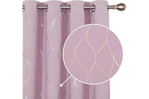 Deconovo Blackout Curtains, Ring Top Curtains, Home Decoration Eyelet Thermal Insulated Curtains, Gold Wave Foil Printed for Girls Bedroom, 52 x 90 Inch (Width x Length), Baby Pink, One Pair