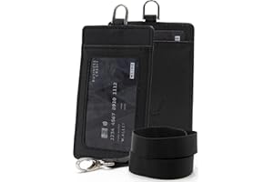 WLine Porta Badge da Collo in Pelle PU Saffiano - Portabadge con Taschino Trasparente Anteriore (Nero Saffiano Verticale)