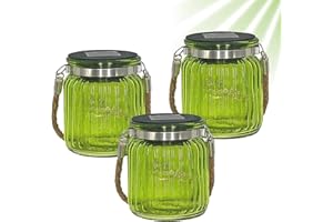 ISOTRONIC LED lampada solare (set di 3) | Luce solare | Lanterna solare d’appendere per giardino, balcone ed esterno | 10 LED | Decorazione per feste e matrimoni | Barattolo di vetro (verde)