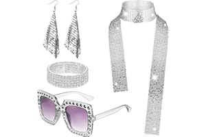 Alviller 5Pcs 70s Disco Accessories, Disco Costume Set with Sequins Scarf Earrings Rhinestone Thick Frame Sunglasses and Bracelet Fancy Dress Kit for Women Girls Retro 70 80 Theme Party