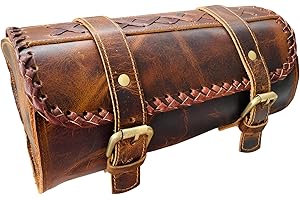 american blue Sacoche de moto vintage en cuir de chèvre véritable, fermeture à boucle à 2 sangles, sac à outils marron à dégagement rapide, renforcé, pour guidon, fourches, sacoche de vélo en cuir