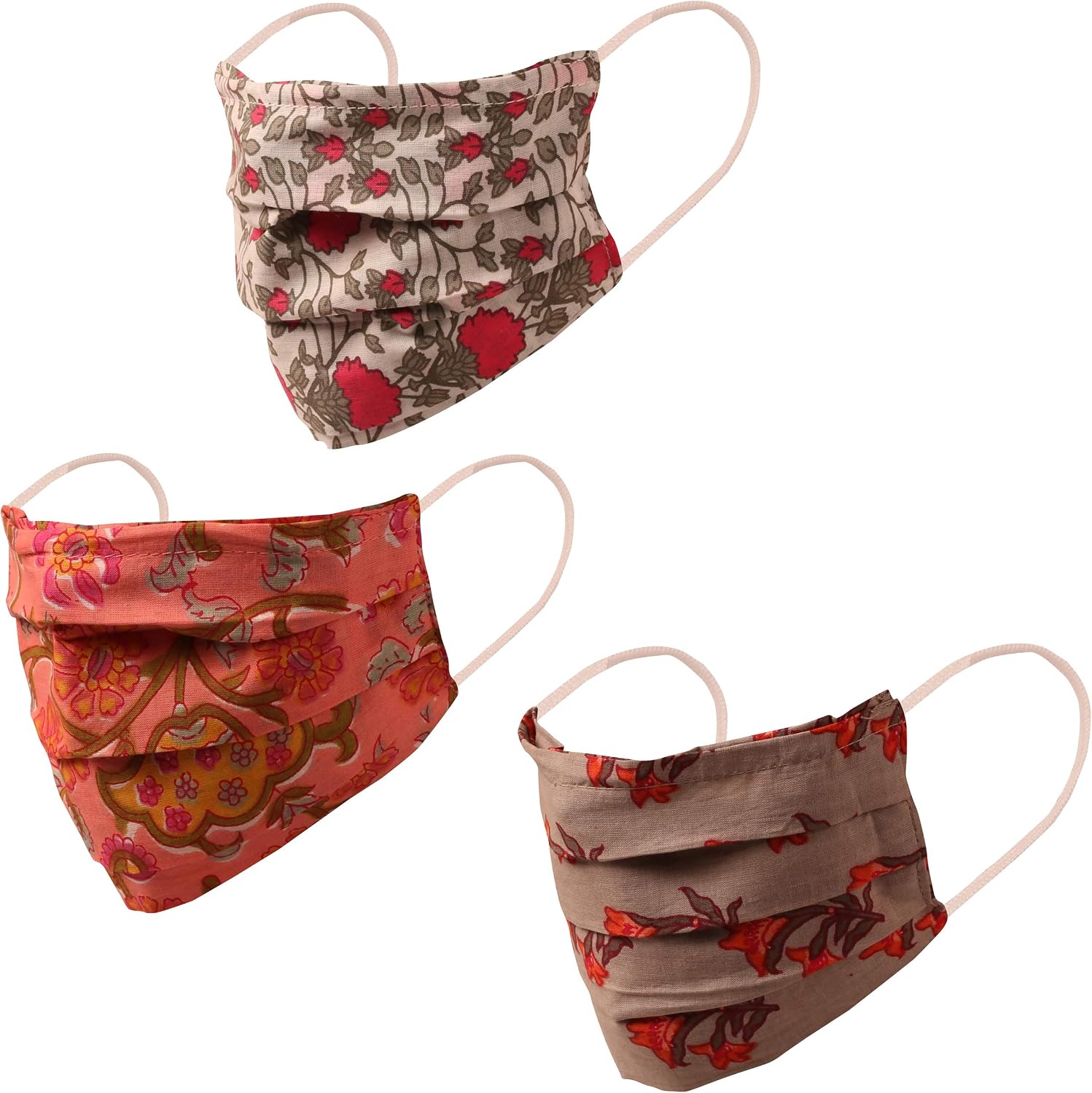 Touchstone Indian Heritage Fabric filter pocket nose bridge double layer cotton face mask reusable washable for men, women (Pack of 3). Pink Grey White