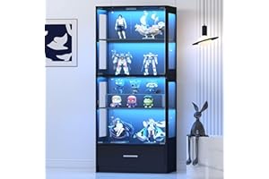 Lamtor Display Cabinets with Glass Doors - 5 Tier Curio Cabinet with Bottom Drawer and Adjustable Shelves, Glass Display Cabinets for Collectibles, Black