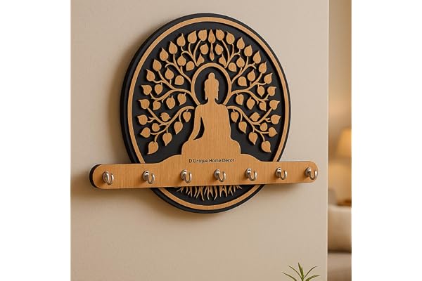 D Unique Home Decor Premium 3D Wooden Key Holder with 6 Stainless Steel Hook for Living Room Wall Decor (Buddha Key -1)