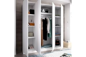 Dmora - Guardaroba Bove, Mobile appendiabiti per camera da letto, Armadio a 4 ante battenti, 200x52h215 cm, Bianco