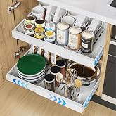 iHomara 2 Pack Expandable Cabinet Organizers with Adhesive, 21 Inch Deep Drawers for Kitchen, 8 Shelves for Pot Lids, Adjusta
