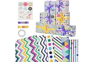 Zindoo Papier Cadeau Papier Anniversaire d'emballage avec Autocollants et Ruban Papier Emballage Cadeau Colorés pour Anniversaire Fête Noël Saint-Valentin Mariage