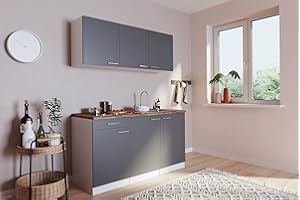 ‎RESPEKTA Respekta Singleküche Luis 150cm ohne Kühlschrank Korpus und Arbeitsplatte weiß Fronten Grau