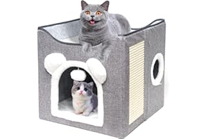 SIAIRO Domek dla kotów, domek dla psa, składany kosz dla kota z 2 zdejmowanymi poduszkami, wisząca piłka i deska do drapania, domek dla kotów, 40 x 40 x 40 cm