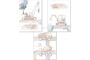 DOUBLE CRITICAL Lemmami Papeterie 3er Set Wandbilder Kinderzimmer Babyzimmer Poster Bilder DIN A4 Jungen Deko Dekoration Bagger Baustelle Baumeister (3er Bilder Set, Pastell, Wanddeko)