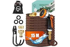 GREEN GOF GREENGOF Manguera de Jardín Premium 15 Metros - Boquilla de Pulverización de 10 funciones, Ligera y Extensible - Conectores de Latón y Alta Resistencia con Núcleo de Látex - Color Naranja.