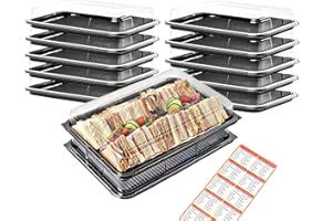 Caterline 12 Large Black Base Platters with Lids & 12 Allergy Labels. Eco-Friendly,Reusable & Recyclable. Great For Sandwiches, Salads, Buffets & Parties (L 450mm x W 310mm x D 75mm).