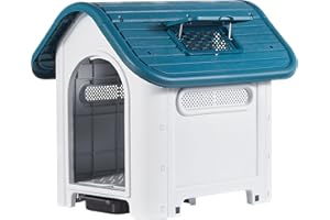 Lanco - Kennel for Small Dogs with Adjustable Sunroof and Toilet (WC). Indoor and Outdoor Use with Vents. Resistant Material. 30x23x26 inches (L*W*H). Blue and White.