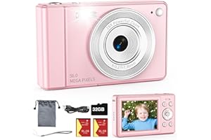 FLEAFER Upgrade Digital Camera, 56MP FHD 1080P for Kids with 16x Zoom Anti Shake, 32GB TF Card, Two Batteries, Lanyard, Compact Small for Boys Girls （Pink）