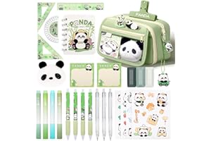 KOSTACHI Astuccio Scuola Panda Grande Capacità, Forniture Scolastiche Kawaii con Astuccio Panda Verde, Evidenziatori, Penne Gel, Nastri Correttori & Righelli, Set di Cancelleria per Studenti