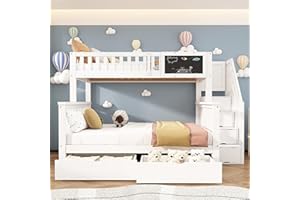 Moimhear Letto a castello per bambini, letto a due piazze, 90x200cm+140x200cm, letto multifunzionale per bambini, con lavagna e cassetti, senza materasso (Bianco)