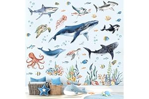 decalmile Stickers Muraux Sous la Mer Poissons Autocollant Mural Océan Baleine Requin Algues Tortue Corail Décoration Murale Chambre Enfants Bébé Pépinière Salle de Bain
