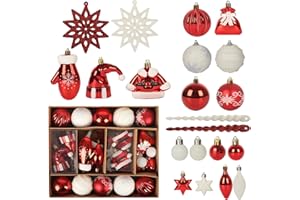 EUNEWR Bombki bożonarodzeniowe, 45 sztuk bombek choinkowych klasy premium, tworzywo sztuczne, czerwono-białe, 6 cm, dekoracja bożonarodzeniowa z zawieszką