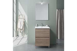 Kiamami Valentina - Mobile Bagno a Terra con Lavabo Integrato | Collezione Laguna | 2 Cassettoni Estrazione Totale | Specchiera Inclusa | Quercia Naturale, 60 cm, Rovere