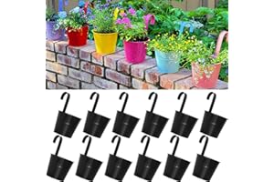 ARTKETTY 16cm Hanging Flower Plant Pots Metal Iron Vase Bucket Planter for Railing Fence Balcony Garden Home Decoration Flower Holders with Detachable Hooks, Black (Pack of 12)