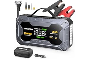 AIMAPOW Arrancador de Coches 8000A con Compresor, 160PSI Inflador de Neumáticos, Jump Starter 12V, Arrancador de Baterias de Coche(Todo Gasolina o 12L Diésel), Pantalla LCD, Luz de Emergencia