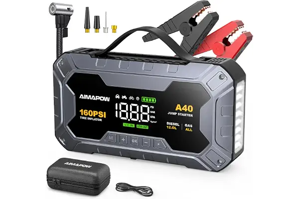AIMAPOW Arrancador de Coches 9000A con Compresor, 160PSI Inflador de Neumáticos, Jump Starter 12V, Arrancador de Baterias de Coche (Todo Gasolina o 12L Diésel), Pantalla LCD, Luz LED, USB-C Portátil