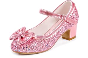 LAURMOSA Glitzer Prinzessin Schuhe Mädchen Mary Jane Riemchen Pumps mit Schleife Stöckelschuhe Kinder Party Hochzeit Geburtstag