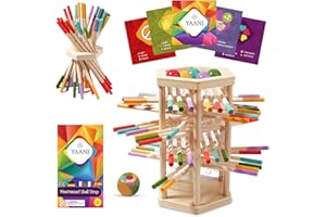 YAANI BALLDROP, 4-in-1-Kleinkindspielzeug im Montessori-Stil, Kinderspielzeug ab 3 Jahren, Holzturm mit bunten Stäbchen, Würfeln und Karten – Sensorisches Spielzeug für Kinder ab 3 Jahren