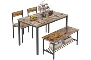 KU Syang Christmas Dining Table and Chairs Set 4 with Storage Rack, 130cm Kitchen Table and 2 Chairs with 1 Bench, Dining Room Sets Dining Table Set for Small Space, Rustic Brown
