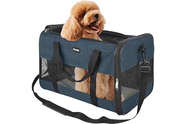 Zavothy Sac de transport pour chats et chiens, sac de transport, respirant et pliable, cage de transport pour chat avec bandoulière réglable, matelas en peluche amovible (bleu foncé, L)