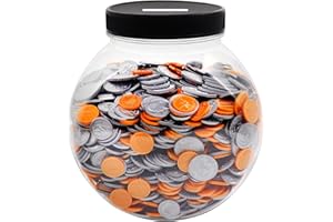 Mczcent Large Coin Bank Jar, Big Clear Plastic Coin Money Tip Change Saving Piggy Jar with Silver Slotted Lid, 2 Placement Methods Large Plastic Coins Piggy Money Change Clear Bank for Adults Teens