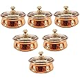 INDIAN ART VILLA Steel Copper Serving Handi With Glass Lid 400 Ml-Serving Dishes Chicken Briyani Vegetables Home Hotel Restaurant Tableware Dishware,Polished,Set Of 6