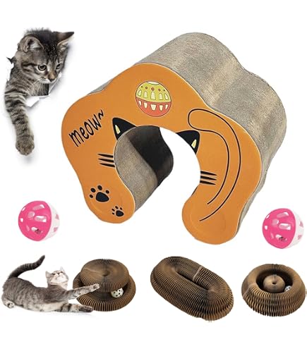 Griffoir Chat Carton Pliable Accordéon - Avec Balle Clochette - Jouet Interactif - Protège Meubles - Carton Recyclé Non Toxique
