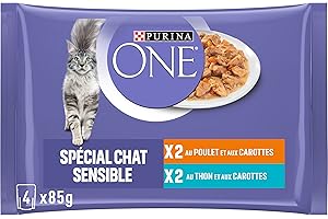 PURINA ONE | BIFENSIS | Spécial Chat Adulte Sensible | Aide à Maintenir Un système immunitaire Fort et Une Digestion Saine | Effilés en Sauce | Au Poulet et Thon | Sachet Repas | Lot de 12 (4 x 85g)