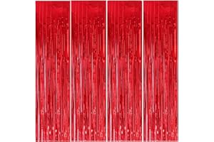 FODLON 4pcs Cortinas de Flecos Láminas, 1m x 3m Cortina Metálica Fiesta, Rojo Cortinas de Oropel Metálico, Autoadhesivas Franjas Decoración Fondo para Fiesta Regalos Cumpleaños,Bailes,Bodas,Navidad