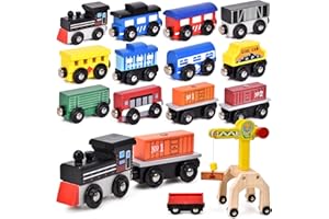 Atoylink Wooden Train Set Montessori Toys for 2 3 4 5 6+ Years Old Magnetic Toys 12 Engine Cars with Crane Toys Birthday Gifts Learning Toys Kids Boys Girls Toddlers Compatible with Most Railways