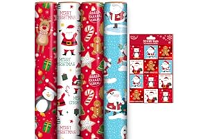 ANGIX 4 x 7m Cute Christmas Wrapping Paper Rolls with 32 Gift Tags, Festive Xmas Wrapping Paper, Premium Christmas Wrapping Paper Roll Set for Presents, Kids & Family, Festive Holiday Decorations