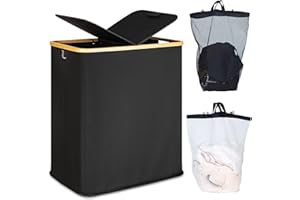 efluky Kosze na pranie z pokrywką, 140 l, 2 przegródki, duży kosz na pranie, pojemnik na zastaw, podwójne przechowywanie prania z 2 zdejmowanymi workami na pranie, czarny