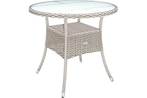 CASARIA® Round Coffee Table | Garden Table With Frosted Safety Glass Plate | Poly Rattan Outdoor Side Table | Weatherproof Patio Furniture | Balcony Bistro Cafe | 80cm | Beige