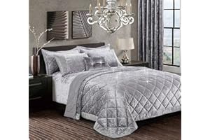 SSP Luxurious 3 Piece Quilted Crushed Velvet Bedspread Bed Throw with Pillow Shams Santiago Silver Grey King