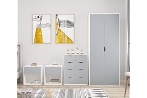 AFN Home Delvito 4 Piece Bedroom Furniture Set - Includes Wardrobe, 5 Drawer Chest, Bedside Cabinet (Grey on White)