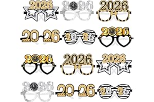 HOWAF 12PCS Happy New Year Glasses New Year Eve Decorations 2026 Eyeglasses Paper Party Glasses Photo Booth Props for NYE Party Decorations 2026, Black Gold