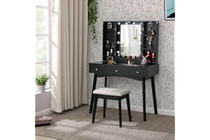 ANWBROAD Tocador de Maquillaje Tocador con Luces LED de 3 Colores con Brillo Ajustable 10 LED Escritorio Grande de Maquillaje con Cajone 90x40x135cm 3 cajones Estilo Moderno Negro BDT09B