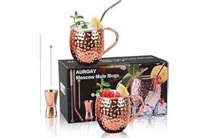 AUROAY 2 SET 550ML Moscow Mule Taza Cobre Set de Vaso Moscow Mule Copas de Cóctel Copper Mug 2 Piezas Copas con 2 Pajitas,2 Palos de Decoración, 1 Jigger,1 Cepillo de Limpieza