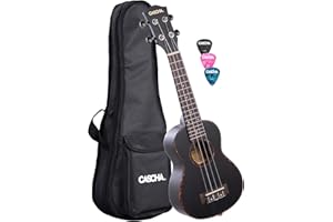 CASCHA Mahoniowe czarne ukulele sopranowe dla osób dorosłych i dzieci – w zestawie 3 kostki i wyściełana torba – ukulele z drewna mahoniowego dla początkujących i zaawansowanych – struny nylonowe