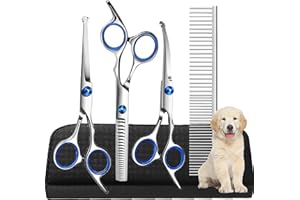 ICOUVA Dog Scissors, 6.7 Inch Stainless Steel Dog Grooming Scissor Kit with Safety Round Tips, Pets Grooming Shears with Thinning Shears & Curved Scissors for Pet Hair Fur Care