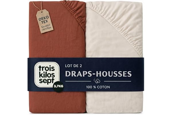 Trois Kilos Sept - Drap Housse Bébé - 100% Coton Jersey Extensible - Doux & Confortable - Bords Elastiqués - Label Oeko-TEX® Standard 100 - Beige Sable & Terracotta - 60x120 cm- Lot de 2