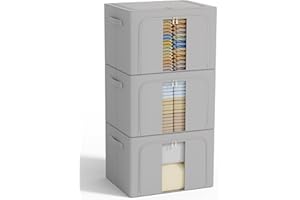 GoMaihe Lot de 3 sacs de rangement avec cadre en métal - 270 l - Sac de rangement empilable pour couettes, vêtements - Boîte de rangement pliable - Organiseur de garde-robe (gris, 90 l)